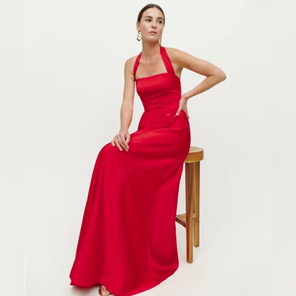 NWOT Reformation Edessa Dress in Cherry Red Halter Maxi Open Back